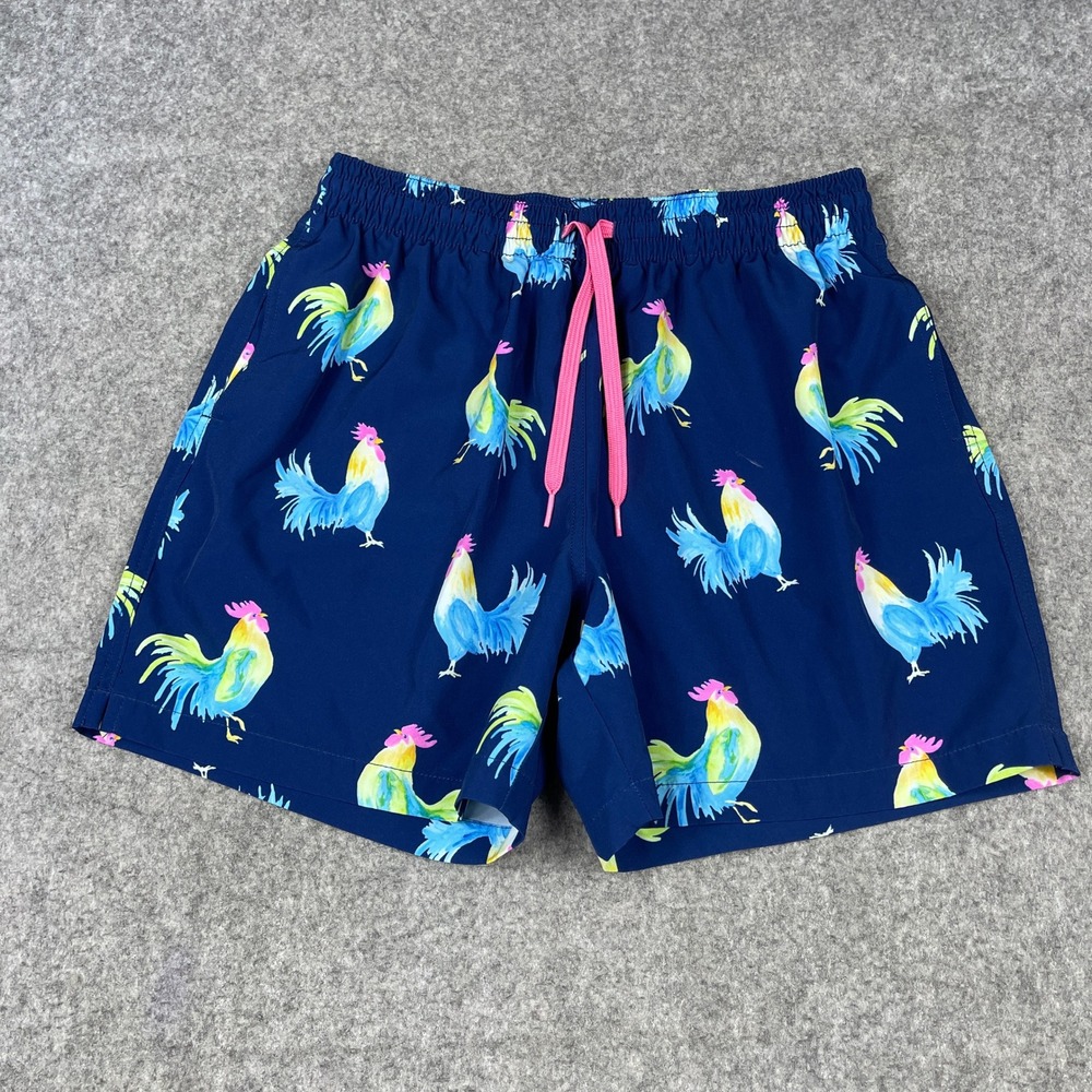 Chubbies Swim Trunks Mens Navy Blue Rooster Print Drawstring Shorts Unlined